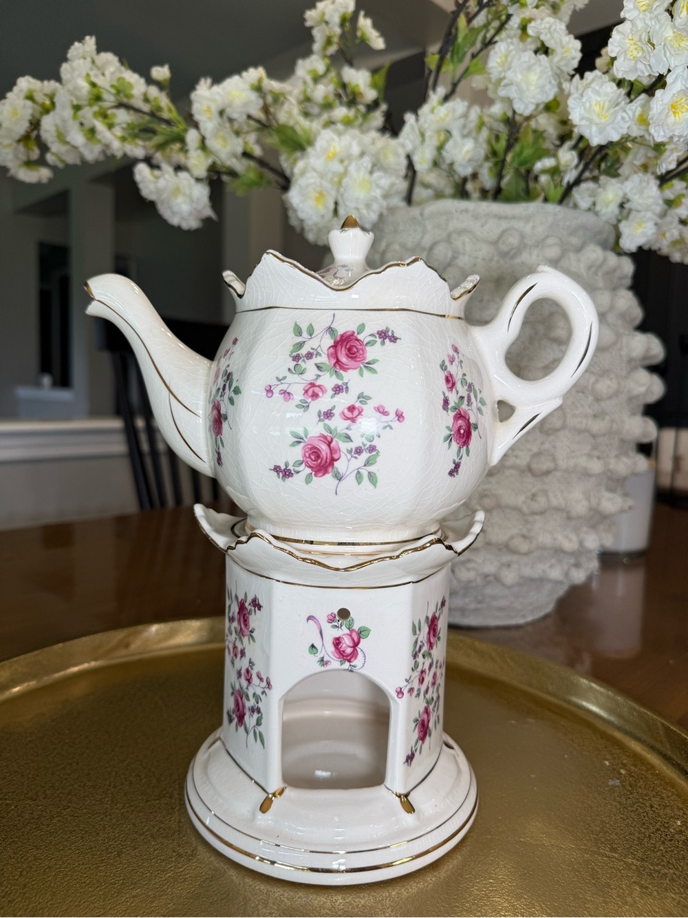 White Porcelain Pink Rose Teapot with Warmer - Classic Floral Design